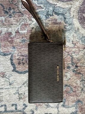 Michael Kors Black Pebbled Leather Wristlet with Gold Logo